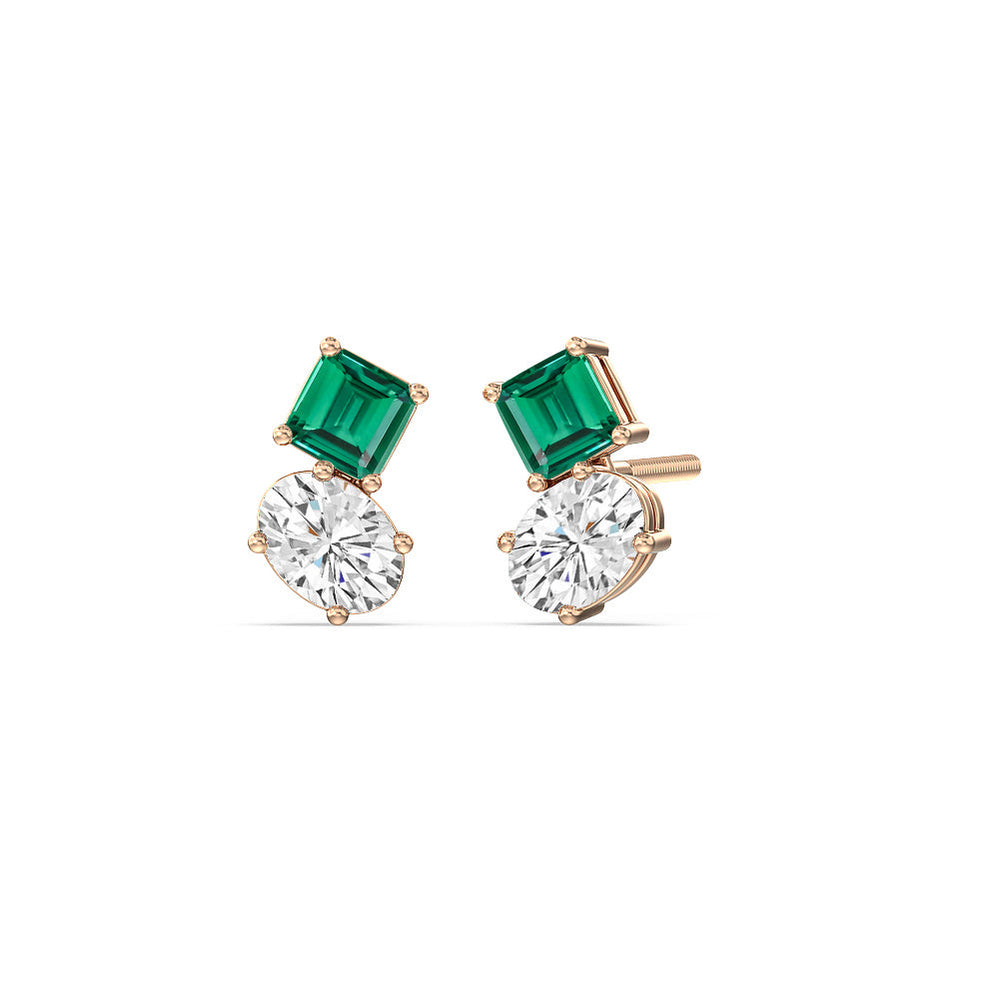 Toi et Moi Created Square Emerald and Oval Diamond Stud Earrings with 14KT Rose Gold Cut Diamond in 14KT Rose Gold view 1
