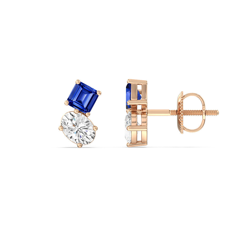 Toi et Moi Created Sapphire Square Emerald and Oval Diamond Stud Earrings with 14KT Rose Gold Cut Diamond in 14KT Rose Gold view 2
