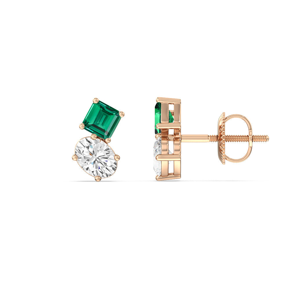 Toi et Moi Created Square Emerald and Oval Diamond Stud Earrings with 14KT Rose Gold Cut Diamond in 14KT Rose Gold view 2
