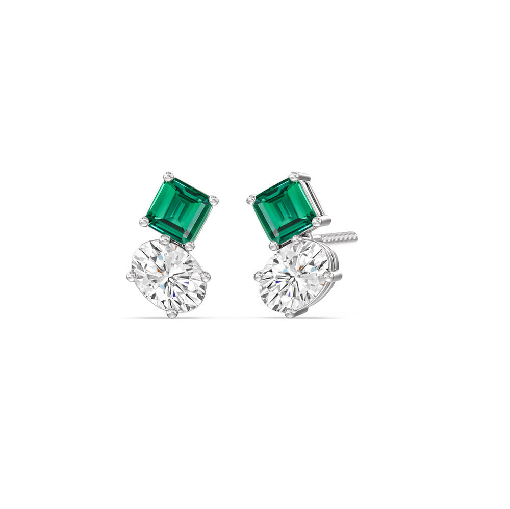 Toi et Moi Created Square Emerald and Oval Diamond Stud Earrings with 14KT White Gold Cut Diamond in 14KT White Gold view 1
