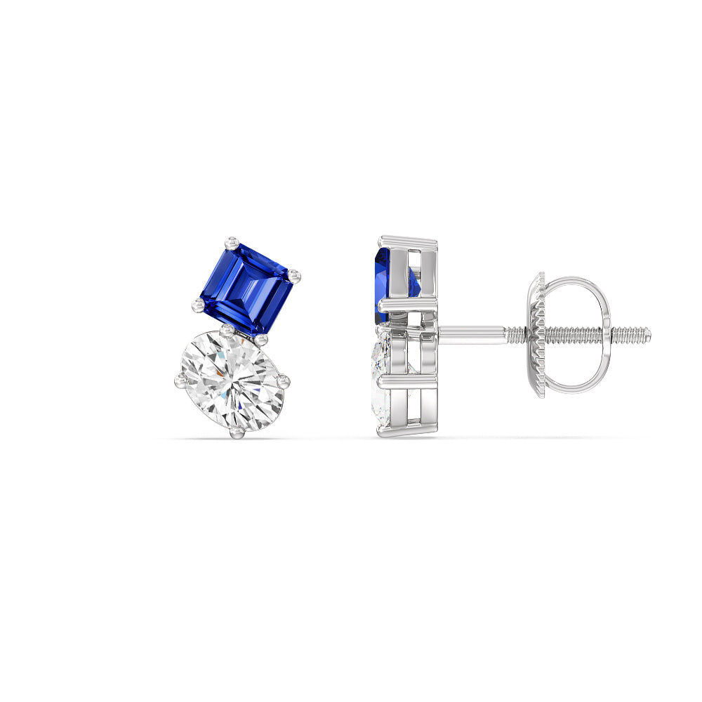 Toi et Moi Created Sapphire Square Emerald and Oval Diamond Stud Earrings with 14KT White Gold Cut Diamond in 14KT White Gold view 2
