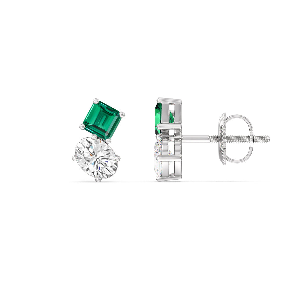 Toi et Moi Created Square Emerald and Oval Diamond Stud Earrings with 14KT White Gold Cut Diamond in 14KT White Gold view 2
