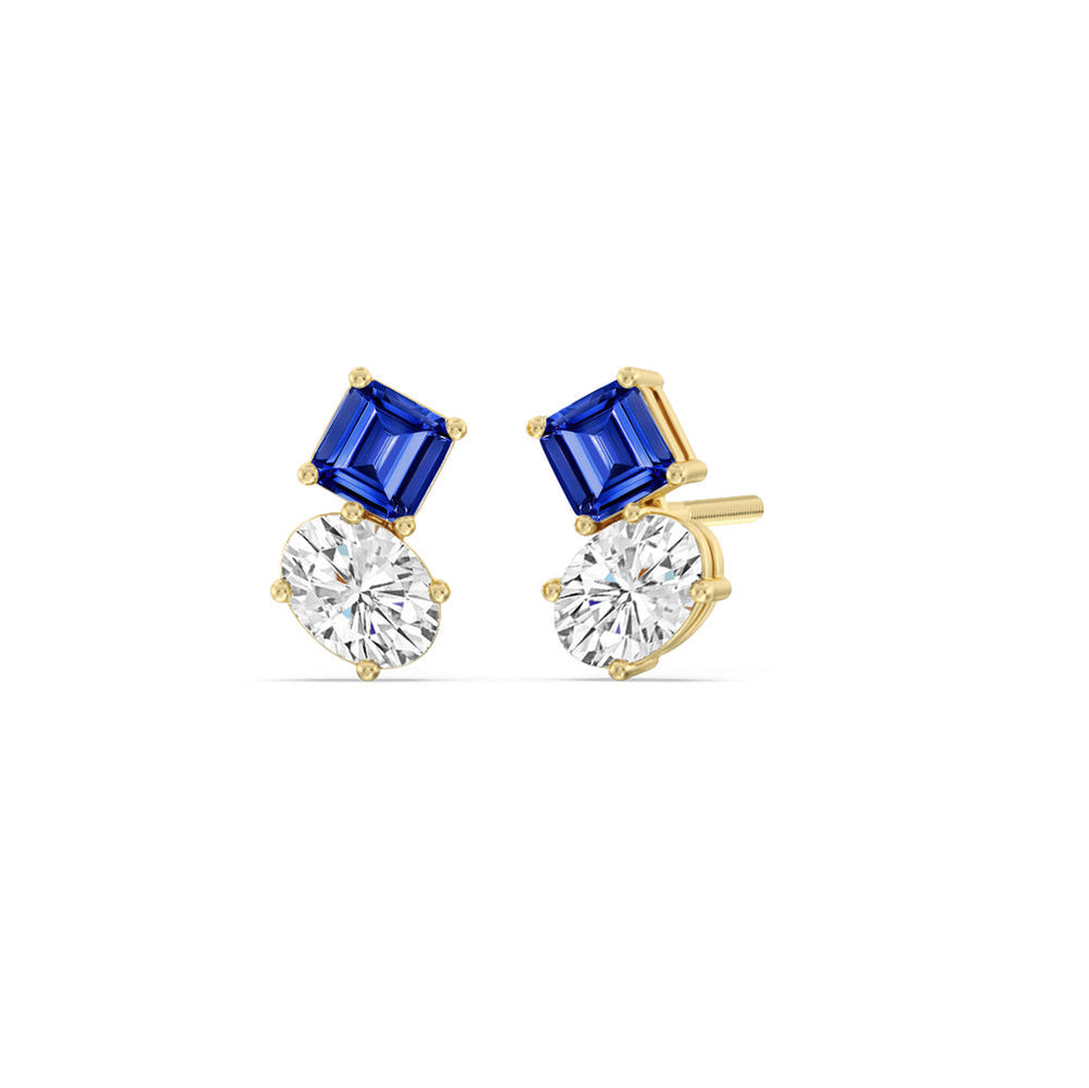 Toi et Moi Created Sapphire Square Emerald and Oval Diamond Stud Earrings with 14KT Yellow Gold Cut Diamond in 14KT Yellow Gold view 1
