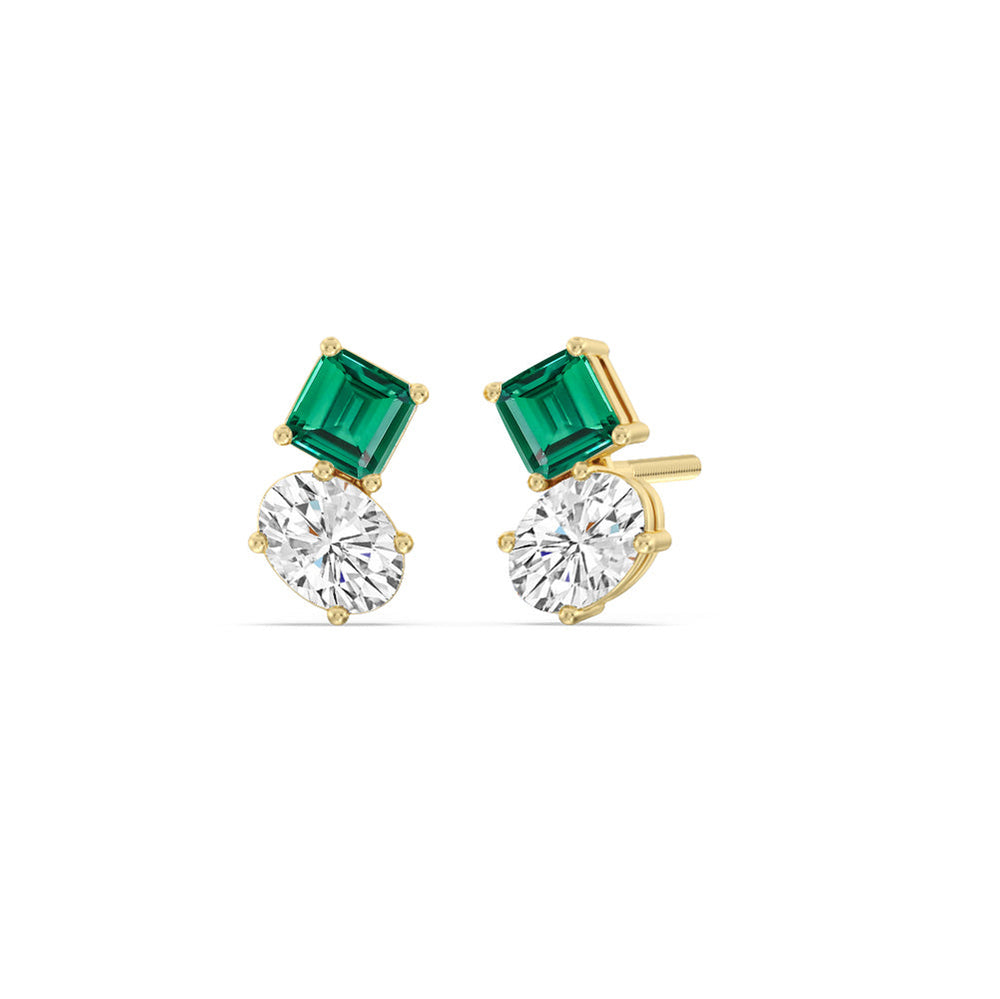 Toi et Moi Created Square Emerald and Oval Diamond Stud Earrings with 14KT Yellow Gold Cut Diamond in 14KT Yellow Gold view 1
