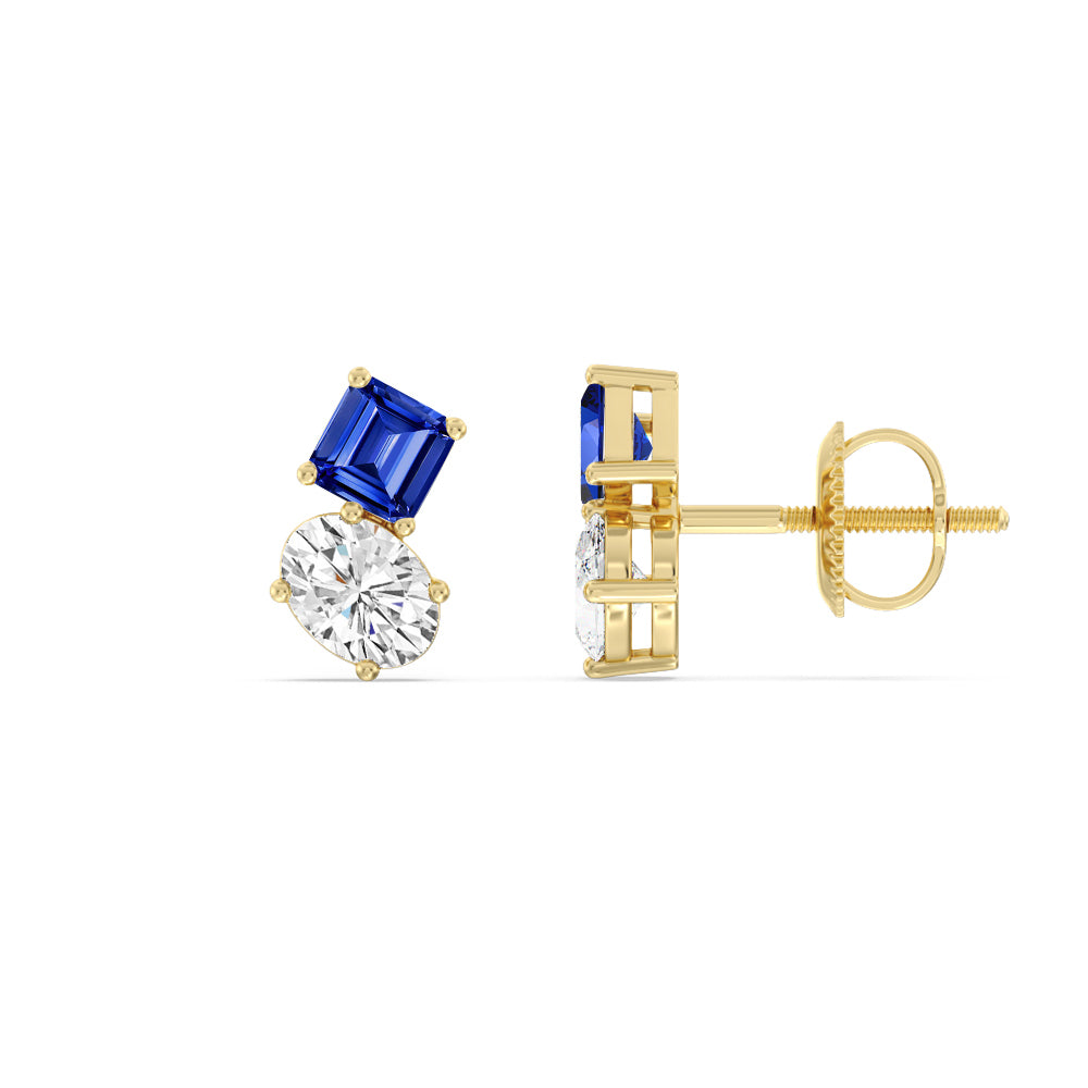 Toi et Moi Created Sapphire Square Emerald and Oval Diamond Stud Earrings with 14KT Yellow Gold Cut Diamond in 14KT Yellow Gold view 2
