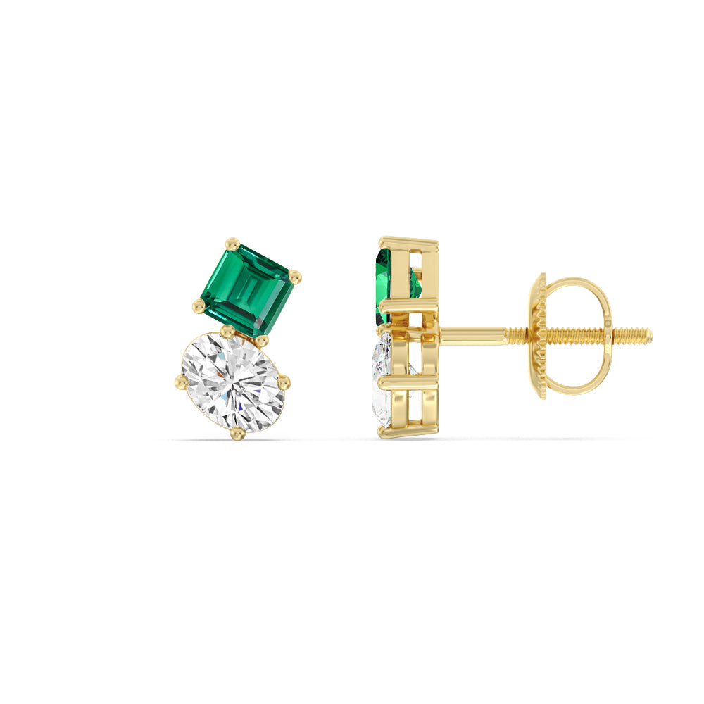 Toi et Moi Created Square Emerald and Oval Diamond Stud Earrings with 14KT Yellow Gold Cut Diamond in 14KT Yellow Gold view 2
