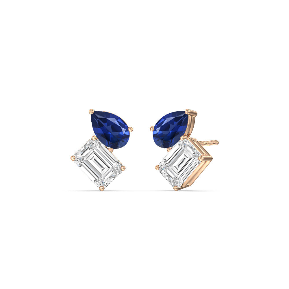 Toi et Moi Created Sapphire Pear and Emerald Diamond Stud Earrings with 14KT Rose Gold Cut Diamond in 14KT Rose Gold view 1
