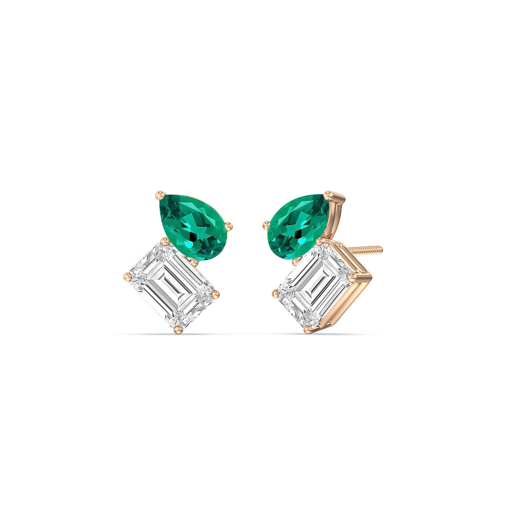 Toi et Moi Created Emerald Pear and Emerald Shape Diamond Stud Earrings with 14KT Rose Gold Cut Diamond in 14KT Rose Gold view 1
