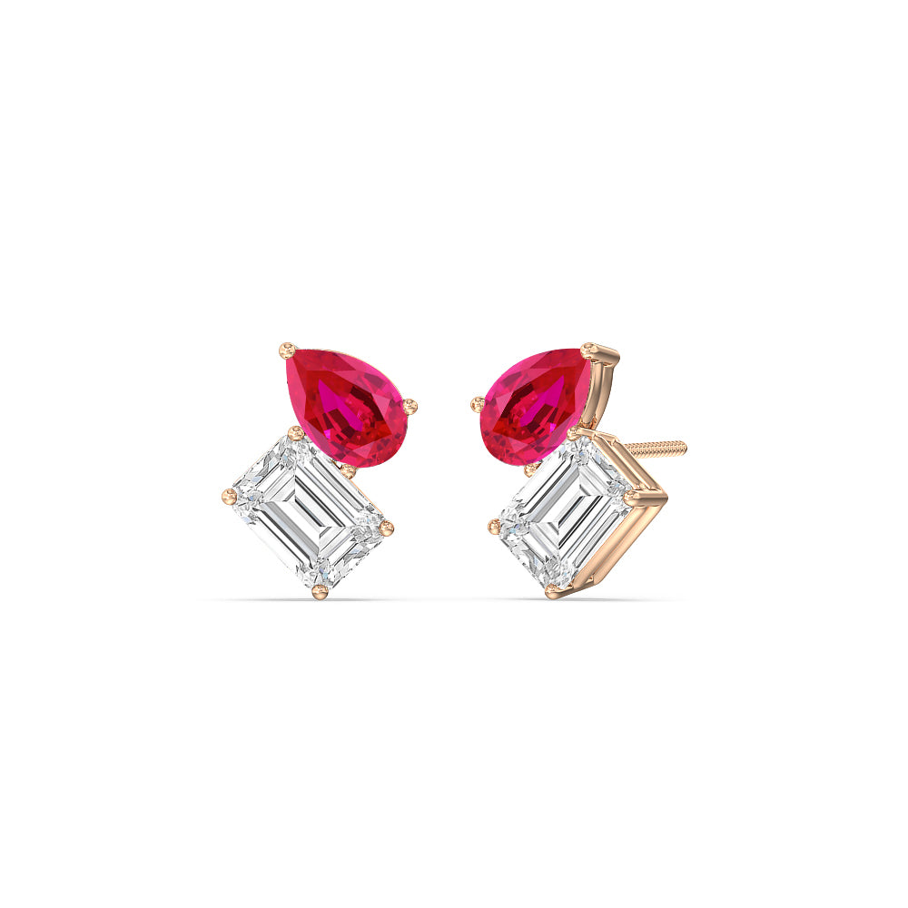 Toi et Moi Created Ruby Pear and Emerald Diamond Stud Earrings with 14KT Rose Gold Cut Diamond in 14KT Rose Gold view 1
