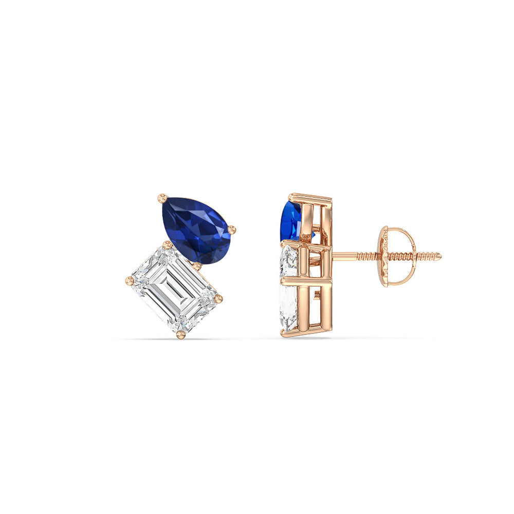 Toi et Moi Created Sapphire Pear and Emerald Diamond Stud Earrings with 14KT Rose Gold Cut Diamond in 14KT Rose Gold view 2
