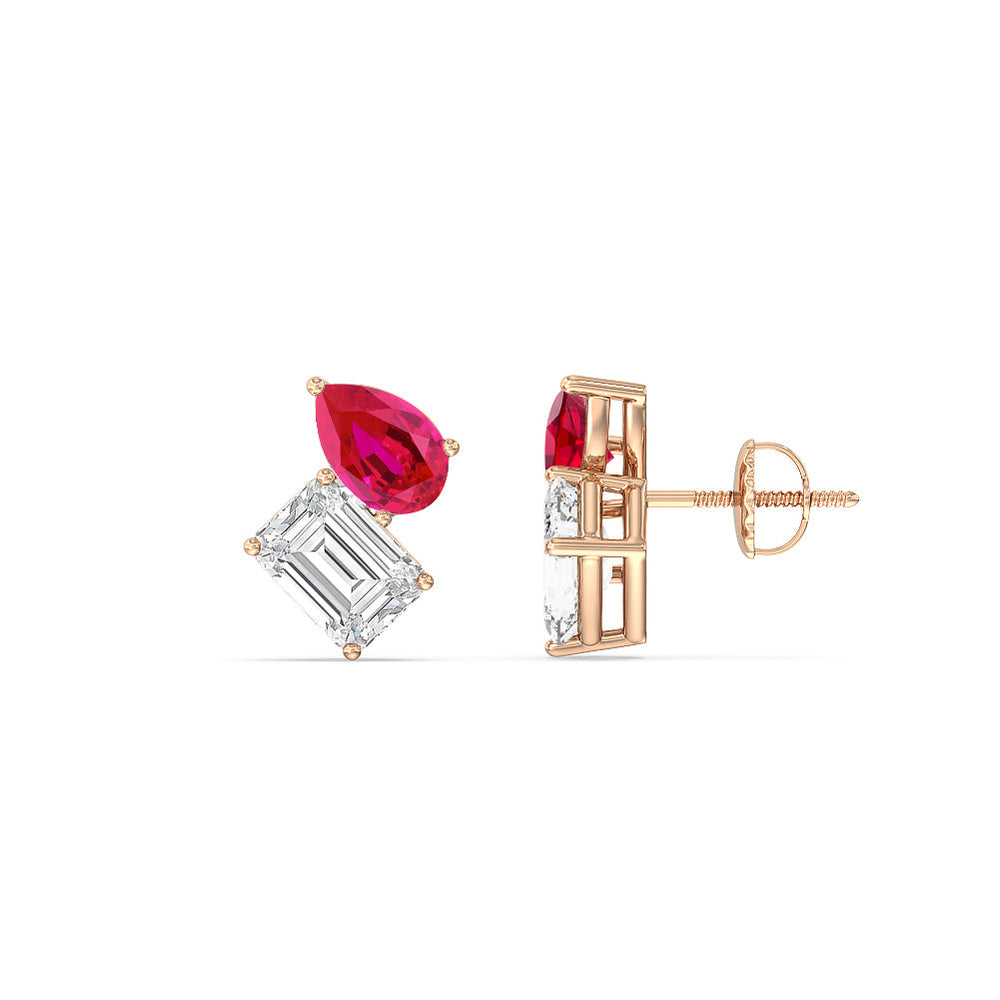 Toi et Moi Created Ruby Pear and Emerald Diamond Stud Earrings with 14KT Rose Gold Cut Diamond in 14KT Rose Gold view 2
