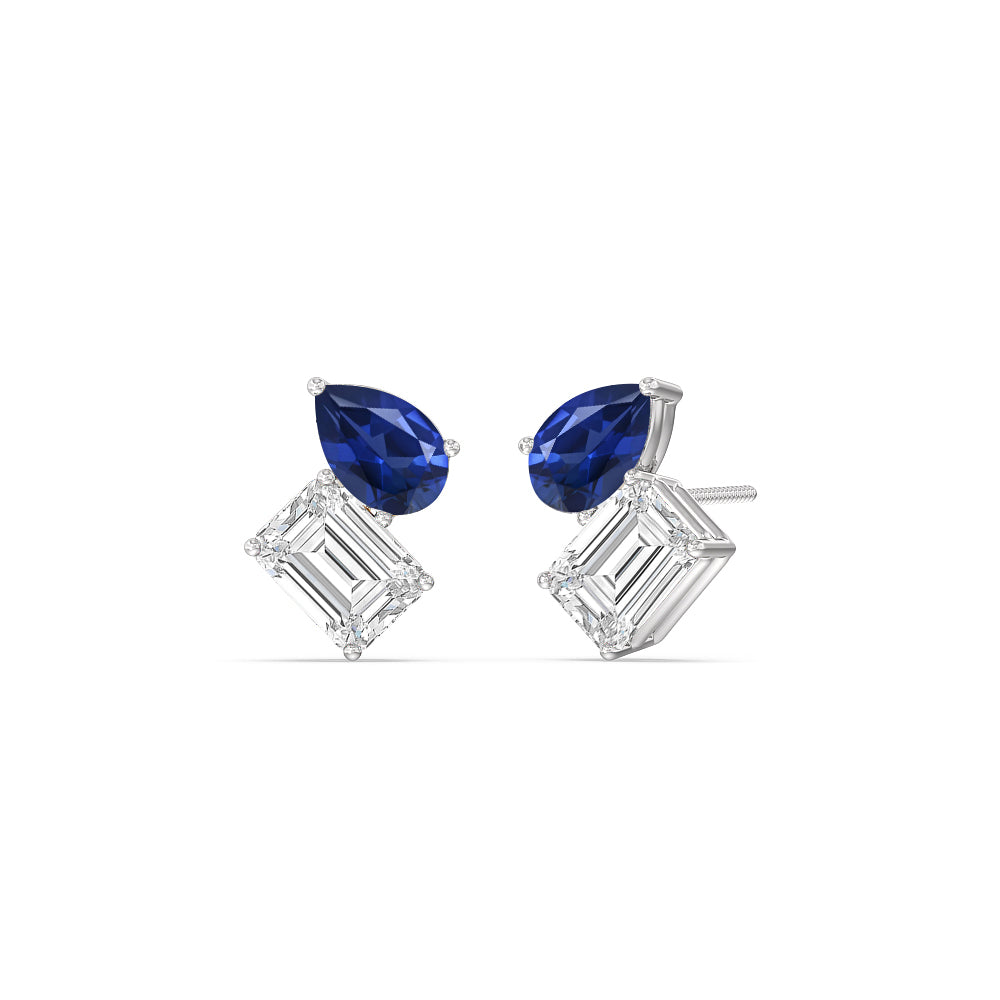Toi et Moi Created Sapphire Pear and Emerald Diamond Stud Earrings with 14KT White Gold Cut Diamond in 14KT White Gold view 1
