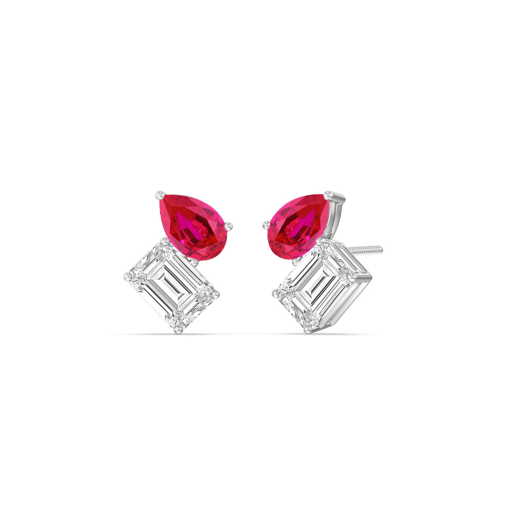 Toi et Moi Created Ruby Pear and Emerald Diamond Stud Earrings with 14KT White Gold Cut Diamond in 14KT White Gold view 1

