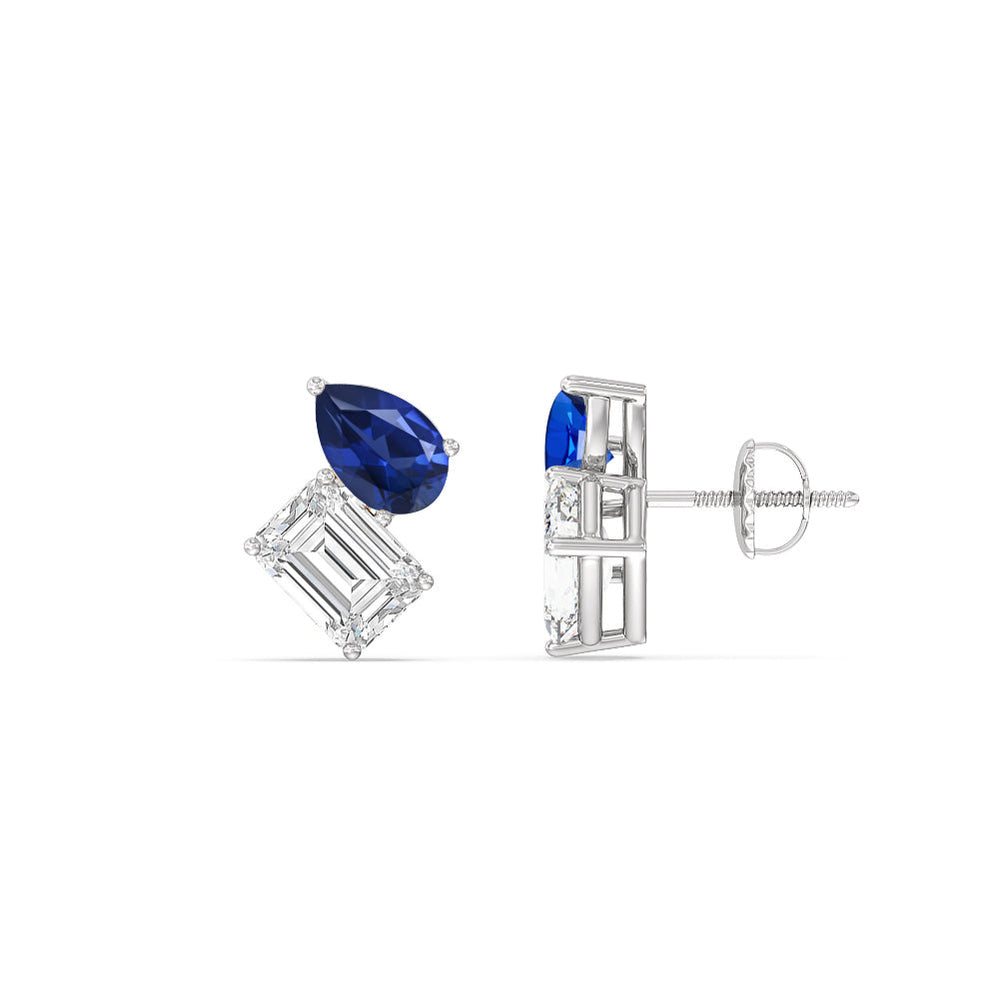 Toi et Moi Created Sapphire Pear and Emerald Diamond Stud Earrings with 14KT White Gold Cut Diamond in 14KT White Gold view 2
