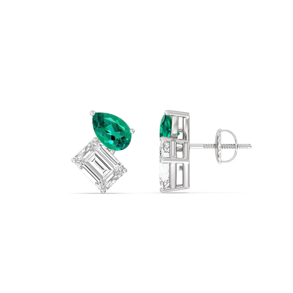 Toi et Moi Created Emerald Pear and Emerald Shape Diamond Stud Earrings with 14KT White Gold Cut Diamond in 14KT White Gold view 2
