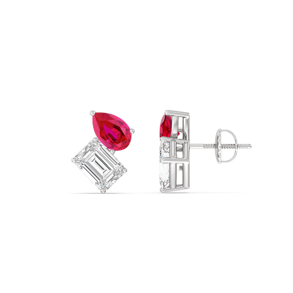 Toi et Moi Created Ruby Pear and Emerald Diamond Stud Earrings with 14KT White Gold Cut Diamond in 14KT White Gold view 2
