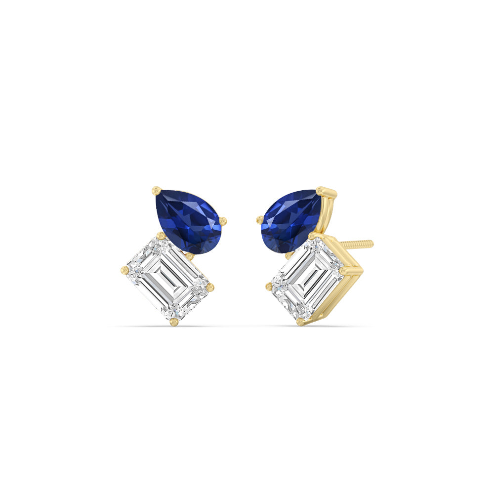 Toi et Moi Created Sapphire Pear and Emerald Diamond Stud Earrings with 14KT Yellow Gold Cut Diamond in 14KT Yellow Gold view 1
