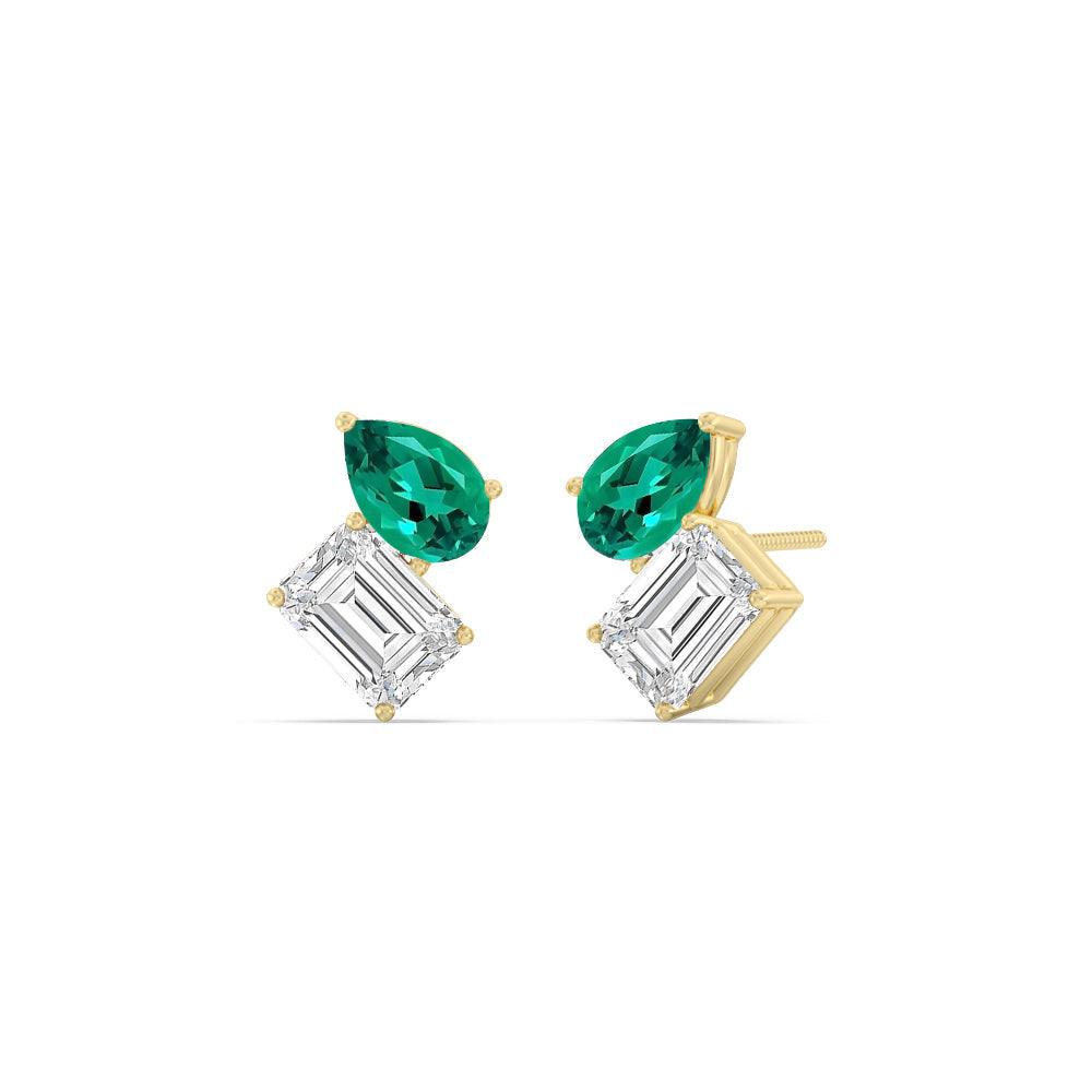 Toi et Moi Created Emerald Pear and Emerald Shape Diamond Stud Earrings with 14KT Yellow Gold Cut Diamond in 14KT Yellow Gold view 1
