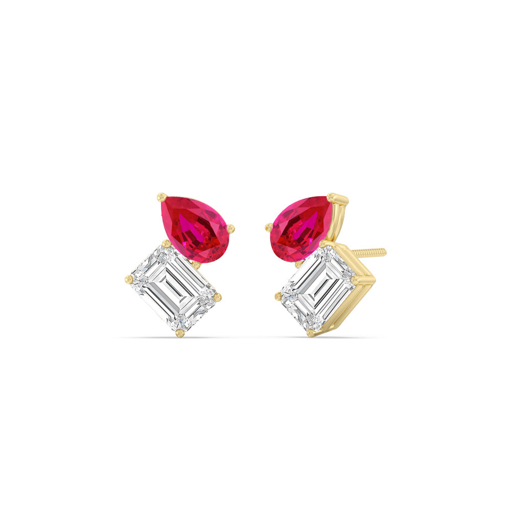 Toi et Moi Created Ruby Pear and Emerald Diamond Stud Earrings with 14KT Yellow Gold Cut Diamond in 14KT Yellow Gold view 1
