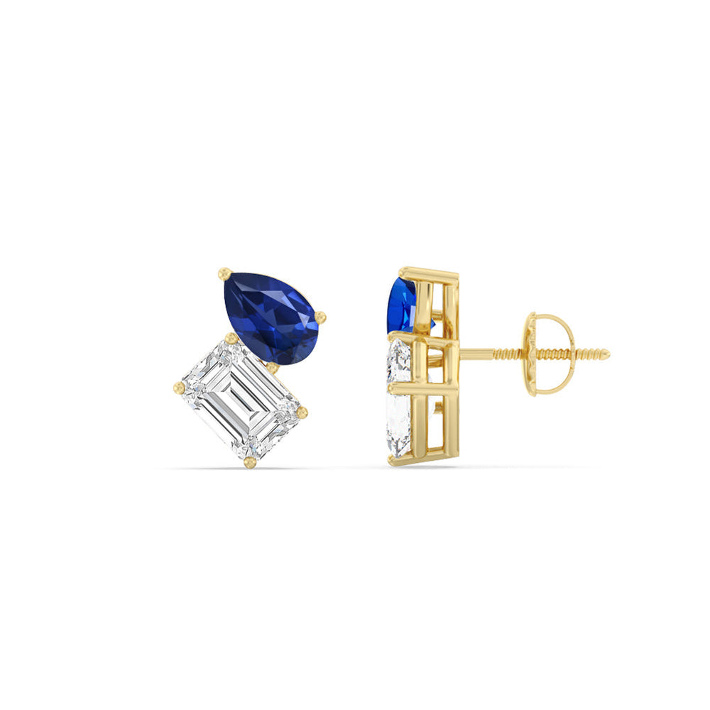 Toi et Moi Created Sapphire Pear and Emerald Diamond Stud Earrings with 14KT Yellow Gold Cut Diamond in 14KT Yellow Gold view 2
