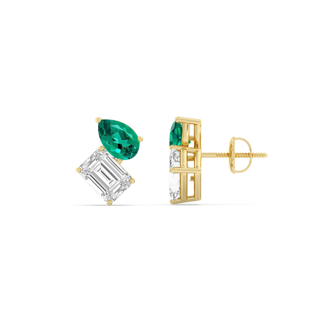 Toi et Moi Created Emerald Pear and Emerald Shape Diamond Stud Earrings with 14KT Yellow Gold Cut Diamond in 14KT Yellow Gold view 2
