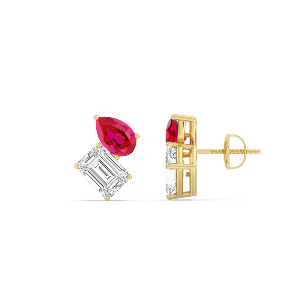 Toi et Moi Created Ruby Pear and Emerald Diamond Stud Earrings with 14KT Yellow Gold Cut Diamond in 14KT Yellow Gold view 2
