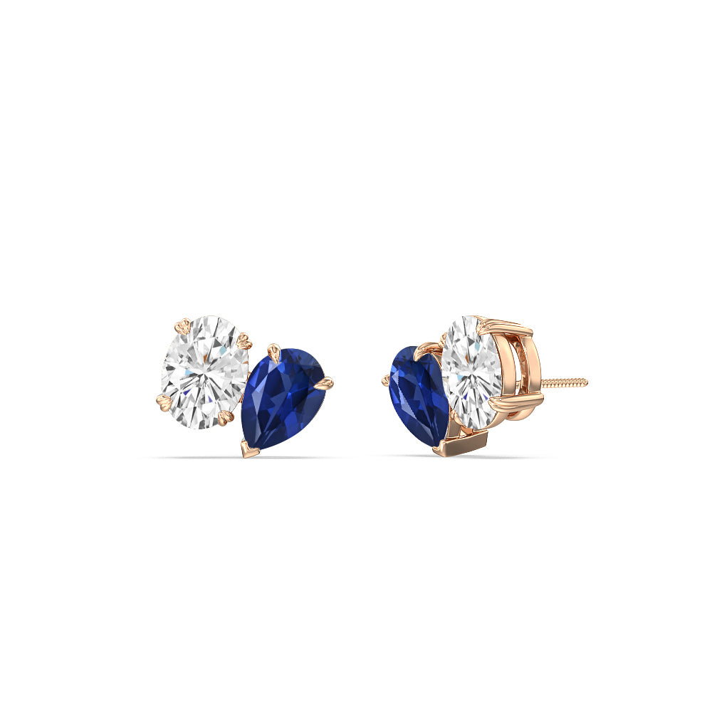 Toi et Moi Created Sapphire Pear and Oval Diamond Stud Earrings with 14KT Rose Gold Cut Diamond in 14KT Rose Gold view 1
