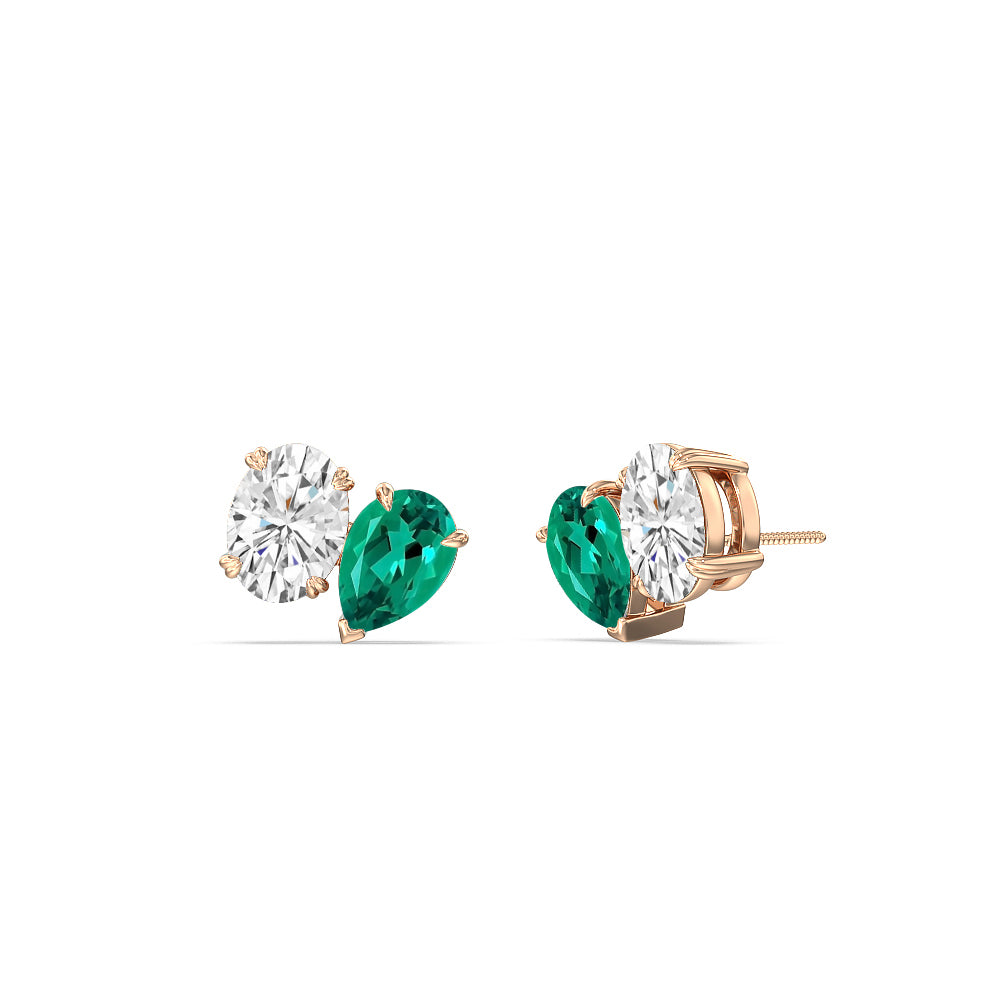 Toi et Moi Created Emerald Pear and Oval Diamond Stud Earrings with 14KT Rose Gold Cut Diamond in 14KT Rose Gold view 1
