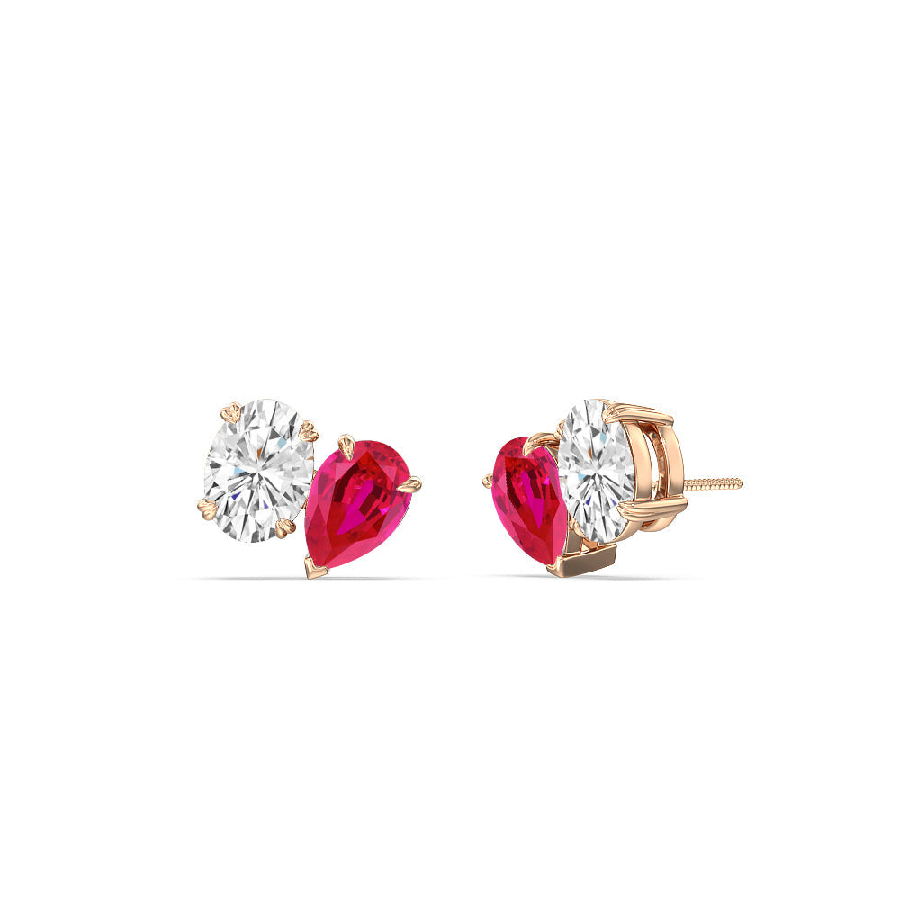 Toi et Moi Created Ruby Pear and Oval Diamond Stud Earrings with 14KT Rose Gold Cut Diamond in 14KT Rose Gold view 1
