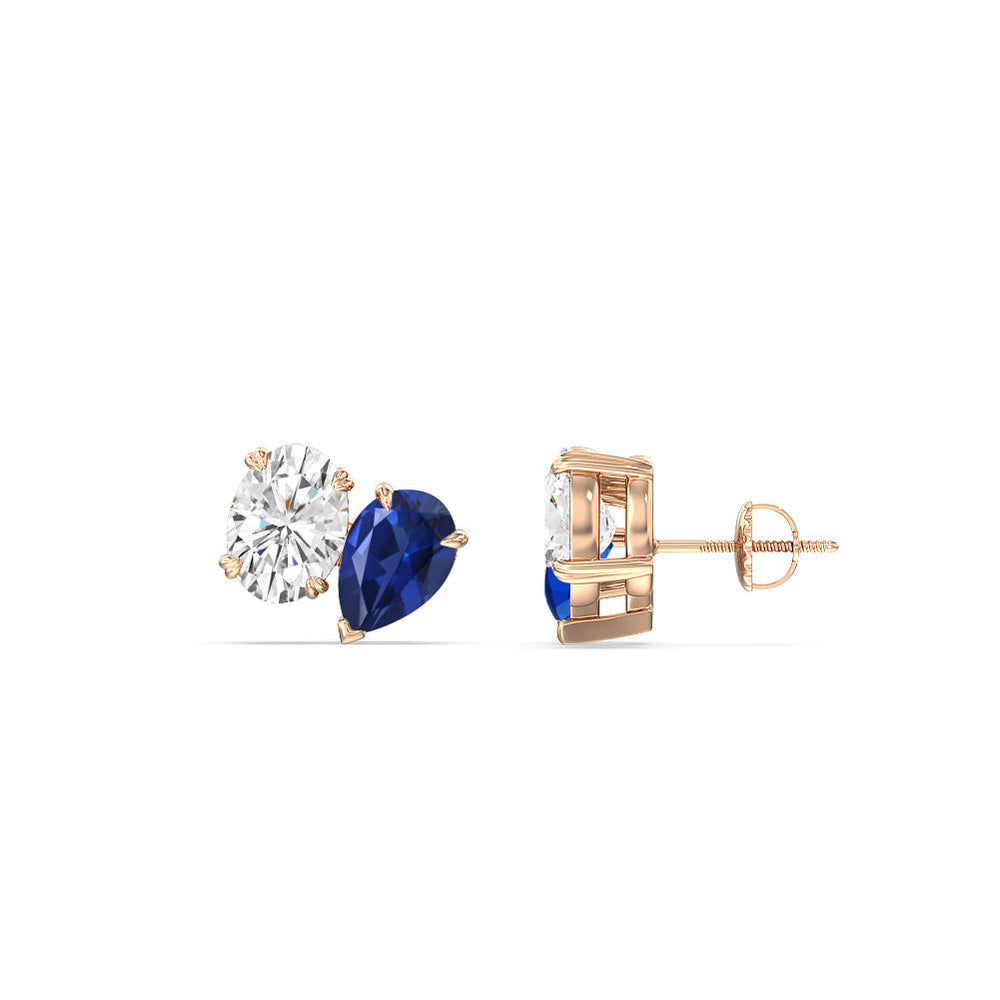 Toi et Moi Created Sapphire Pear and Oval Diamond Stud Earrings with 14KT Rose Gold Cut Diamond in 14KT Rose Gold view 2
