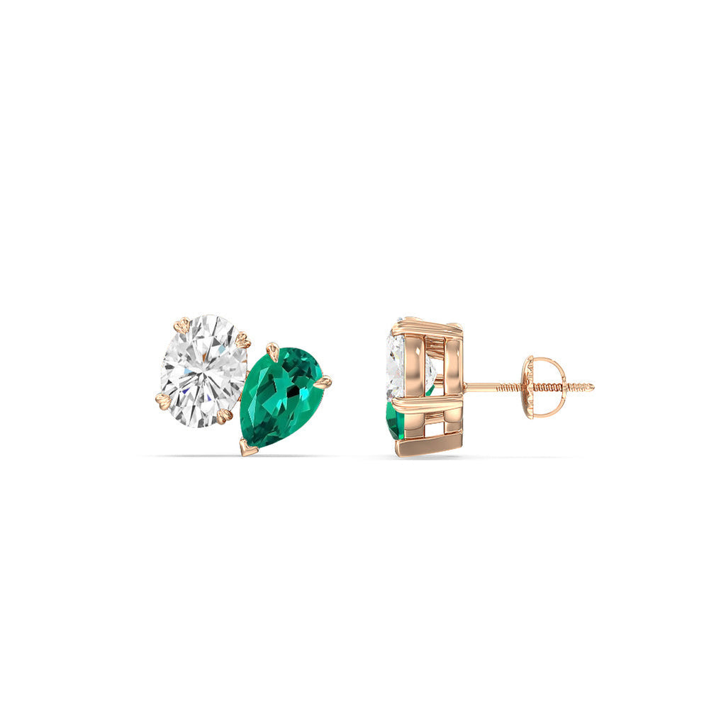 Toi et Moi Created Emerald Pear and Oval Diamond Stud Earrings with 14KT Rose Gold Cut Diamond in 14KT Rose Gold view 2
