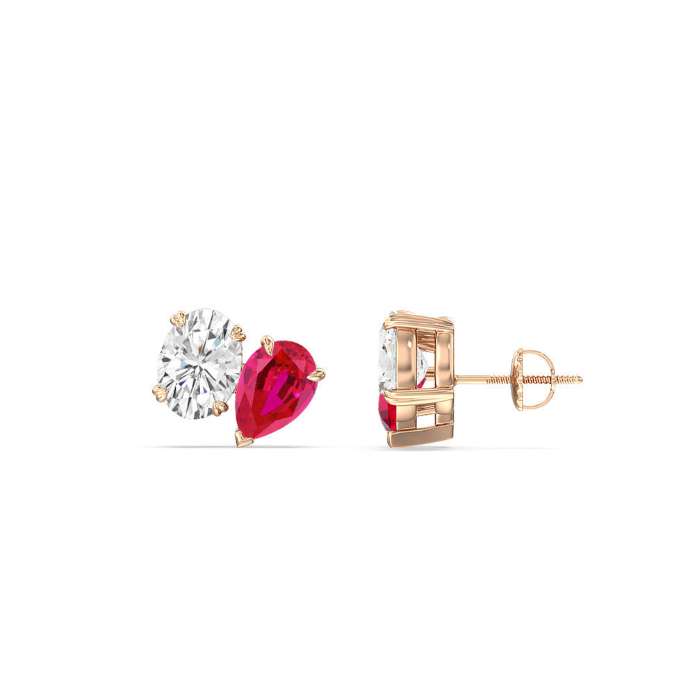 Toi et Moi Created Ruby Pear and Oval Diamond Stud Earrings with 14KT Rose Gold Cut Diamond in 14KT Rose Gold view 2
