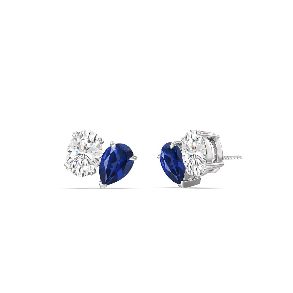 Toi et Moi Created Sapphire Pear and Oval Diamond Stud Earrings with 14KT White Gold Cut Diamond in 14KT White Gold view 1
