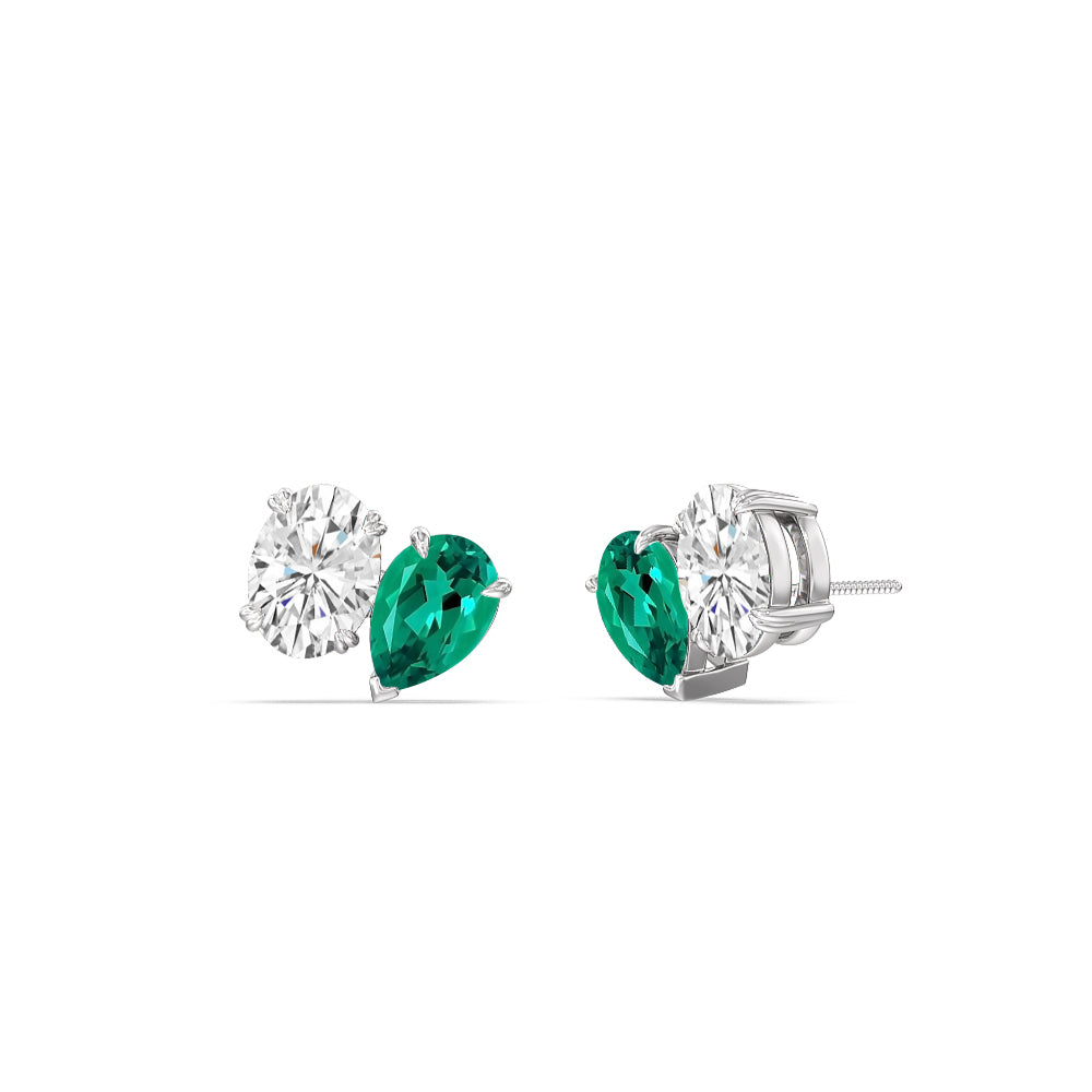 Toi et Moi Created Emerald Pear and Oval Diamond Stud Earrings with 14KT White Gold Cut Diamond in 14KT White Gold view 1
