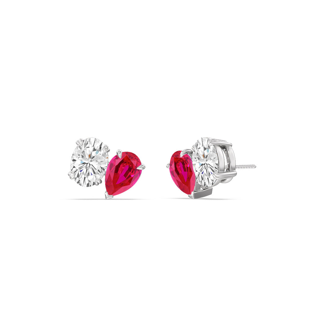 Toi et Moi Created Ruby Pear and Oval Diamond Stud Earrings with 14KT White Gold Cut Diamond in 14KT White Gold view 1
