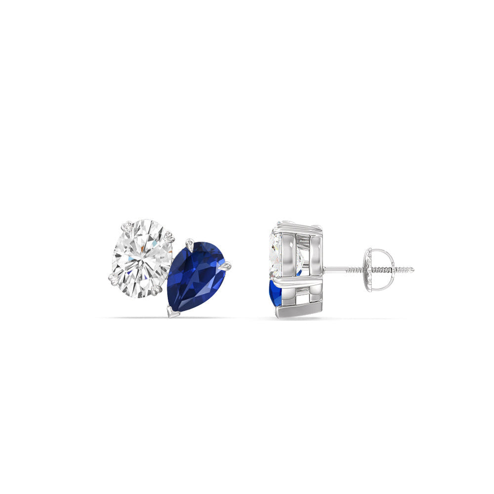 Toi et Moi Created Sapphire Pear and Oval Diamond Stud Earrings with 14KT White Gold Cut Diamond in 14KT White Gold view 2
