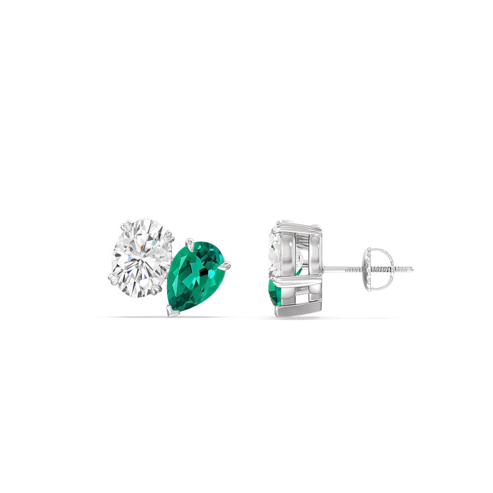 Toi et Moi Created Emerald Pear and Oval Diamond Stud Earrings with 14KT White Gold Cut Diamond in 14KT White Gold view 2
