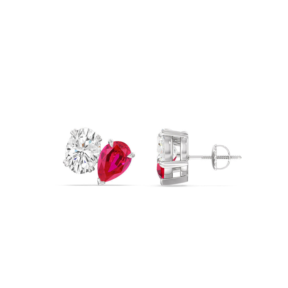 Toi et Moi Created Ruby Pear and Oval Diamond Stud Earrings with 14KT White Gold Cut Diamond in 14KT White Gold view 2
