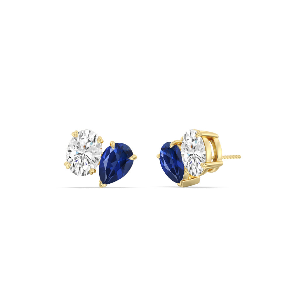 Toi et Moi Created Sapphire Pear and Oval Diamond Stud Earrings with 14KT Yellow Gold Cut Diamond in 14KT Yellow Gold view 1
