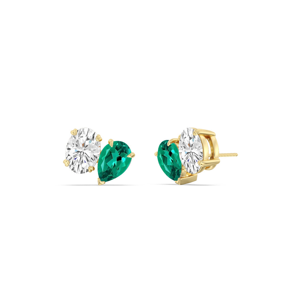 Toi et Moi Created Emerald Pear and Oval Diamond Stud Earrings with 14KT Yellow Gold Cut Diamond in 14KT Yellow Gold view 1
