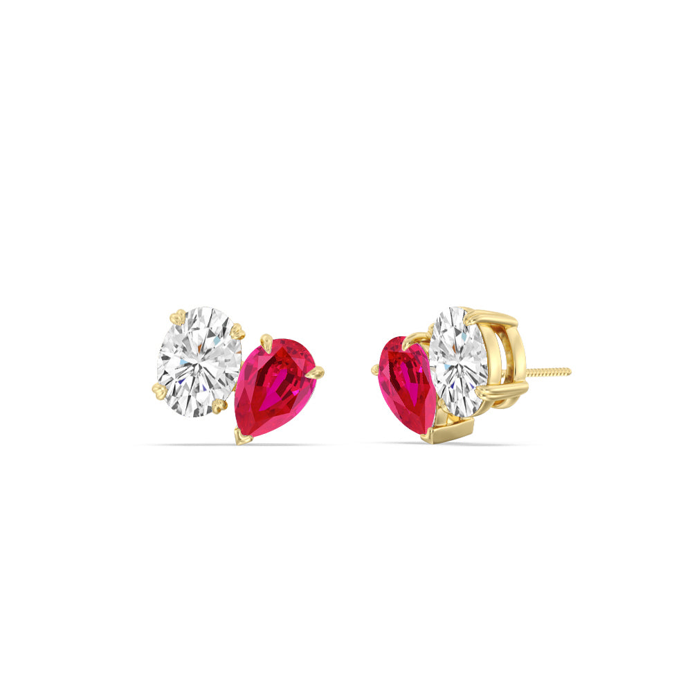 Toi et Moi Created Ruby Pear and Oval Diamond Stud Earrings with 14KT Yellow Gold Cut Diamond in 14KT Yellow Gold view 1
