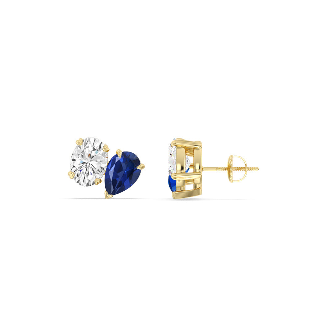 Toi et Moi Created Sapphire Pear and Oval Diamond Stud Earrings with 14KT Yellow Gold Cut Diamond in 14KT Yellow Gold view 2
