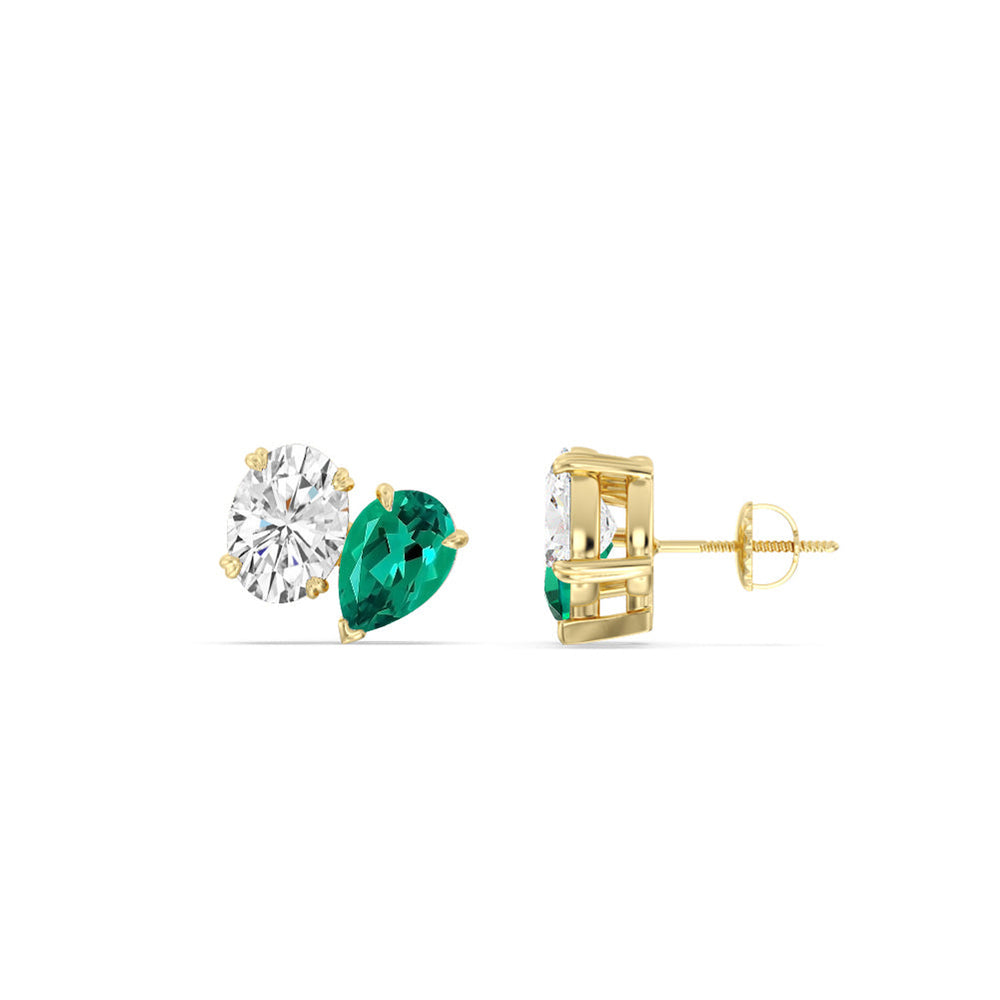 Toi et Moi Created Emerald Pear and Oval Diamond Stud Earrings with 14KT Yellow Gold Cut Diamond in 14KT Yellow Gold view 2
