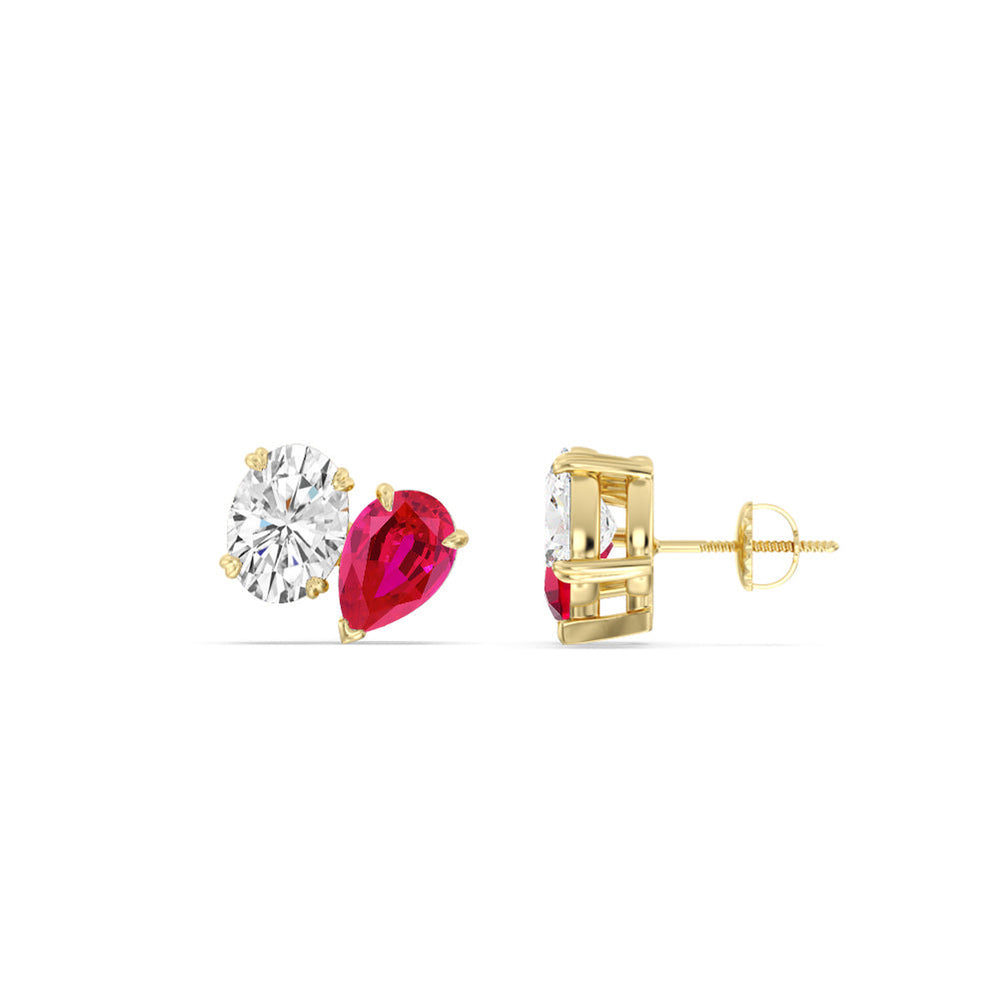 Toi et Moi Created Ruby Pear and Oval Diamond Stud Earrings with 14KT Yellow Gold Cut Diamond in 14KT Yellow Gold view 2
