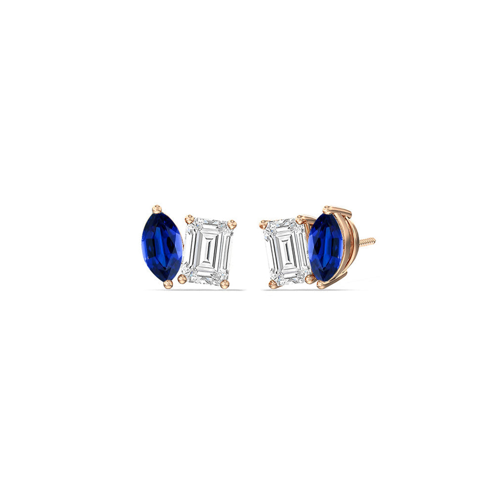 Toi et Moi Created Sapphire Marquise and Emerald Diamond Stud Earrings with 14KT Rose Gold Cut Diamond in 14KT Rose Gold view 1
