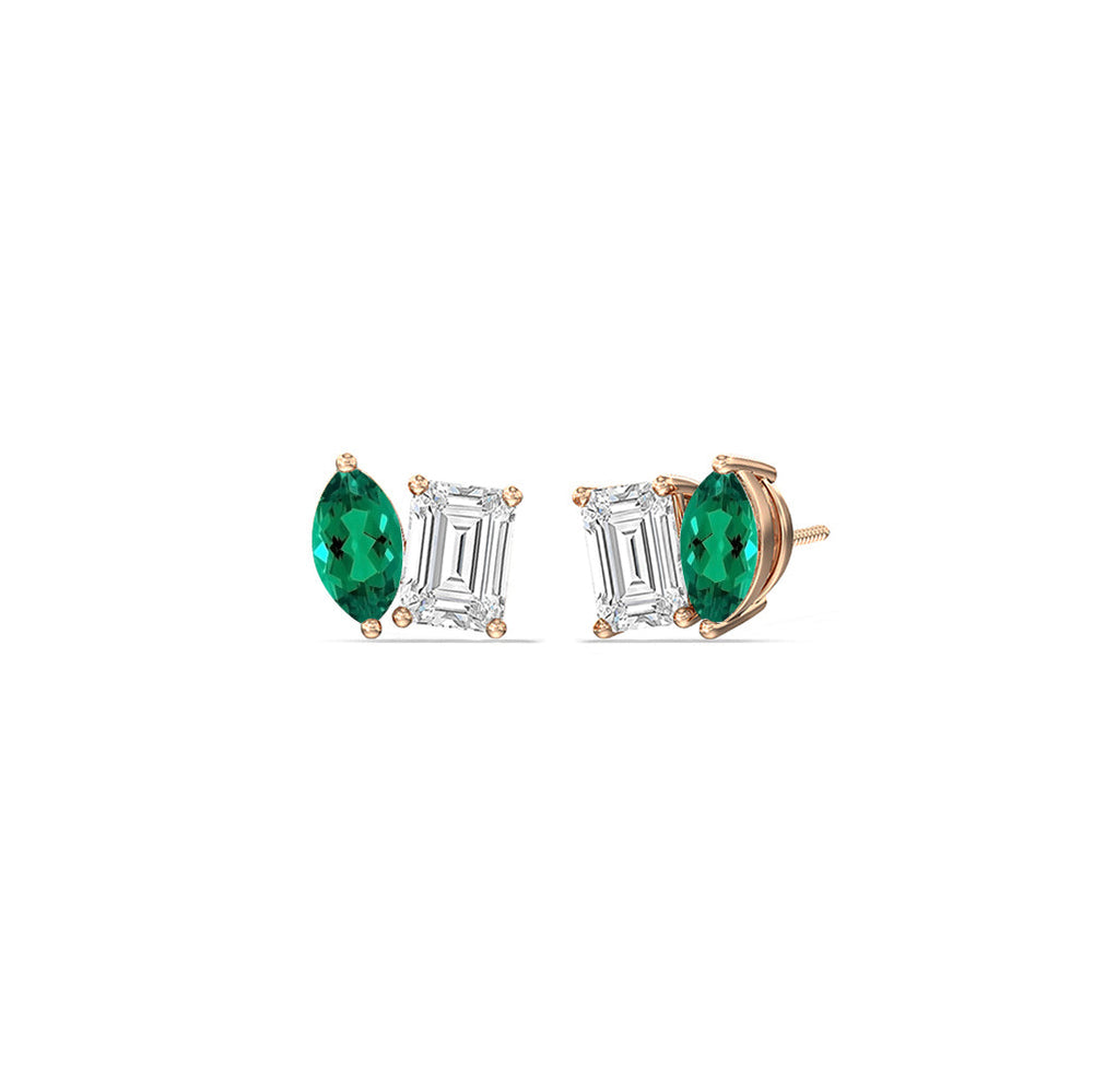 Toi et Moi Created Emerald Marquise and Emerald Shape Diamond Stud Earrings with 14KT Rose Gold Cut Diamond in 14KT Rose Gold view 1

