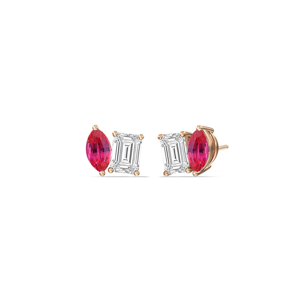 Toi et Moi Created Ruby Marquise and Emerald Diamond Stud Earrings with 14KT Rose Gold Cut Diamond in 14KT Rose Gold view 1
