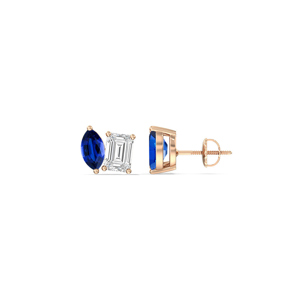 Toi et Moi Created Sapphire Marquise and Emerald Diamond Stud Earrings with 14KT Rose Gold Cut Diamond in 14KT Rose Gold view 2
