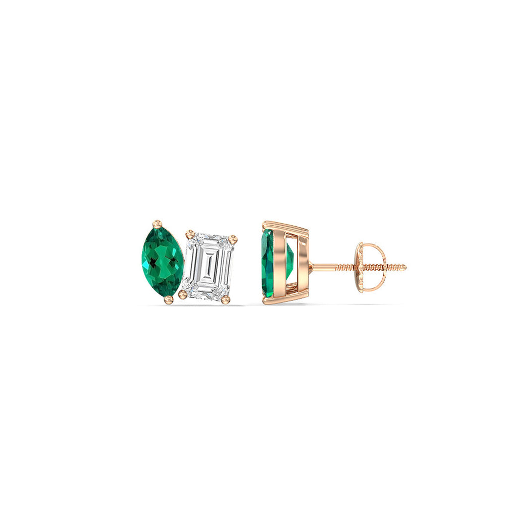 Toi et Moi Created Emerald Marquise and Emerald Shape Diamond Stud Earrings with 14KT Rose Gold Cut Diamond in 14KT Rose Gold view 2
