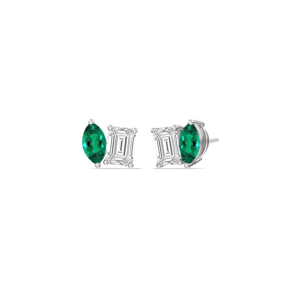Toi et Moi Created Emerald Marquise and Emerald Shape Diamond Stud Earrings with 14KT White Gold Cut Diamond in 14KT White Gold view 1
